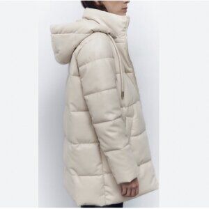 Zara Faux Leather Puffer Coat with Side Zips in Ecru